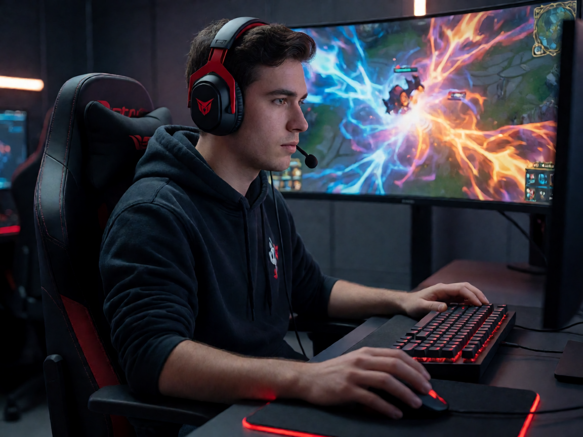 电竞赛事现场大屏幕展示比赛画面，选手专注操作